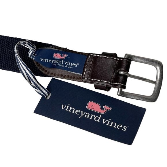 Vineyard Vines Belt NWT Mens 30 Brown Leather Blue Graphic Shotski Canvas Club - Picture 8 of 9